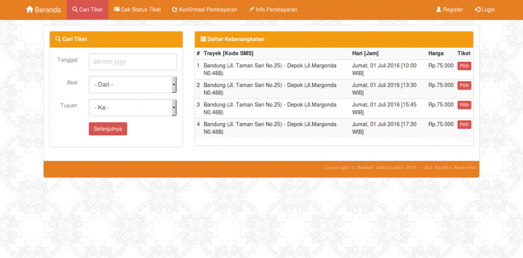 daftar tiket yang tersedia