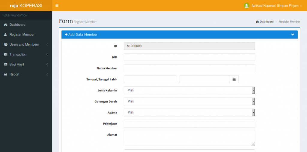 Registrasi pengguna sistem informasi koperasi simpan pinjam