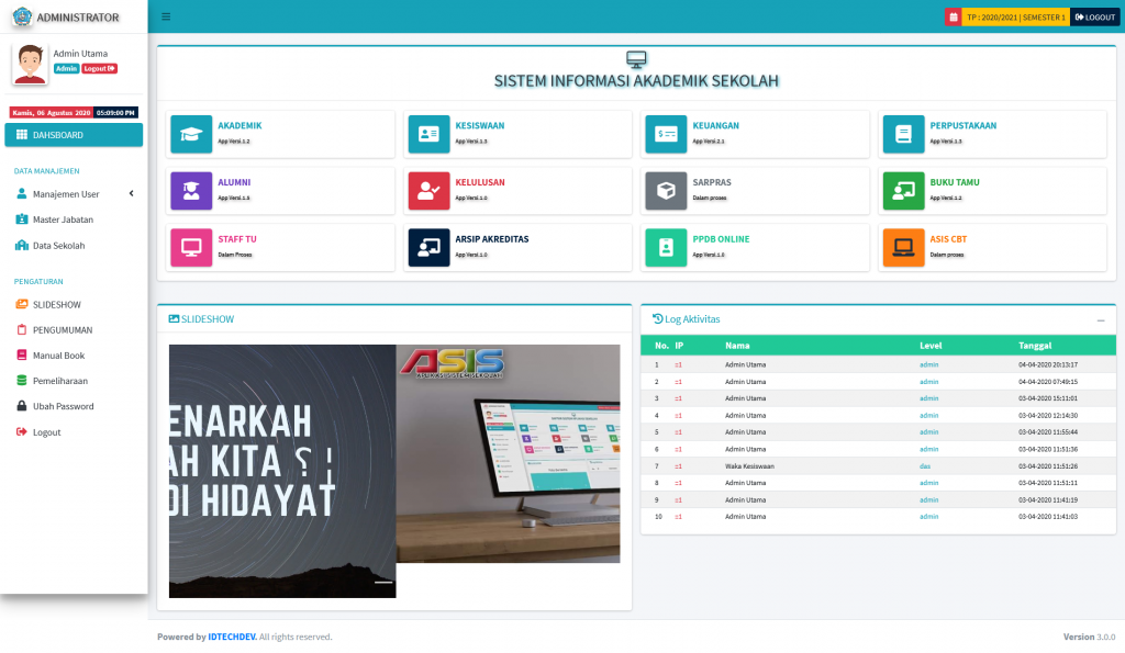 Dashboard aplikasi sistem informasi sekolah