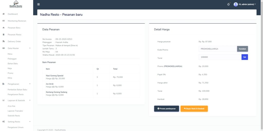 Dashboard admin detail pesanan